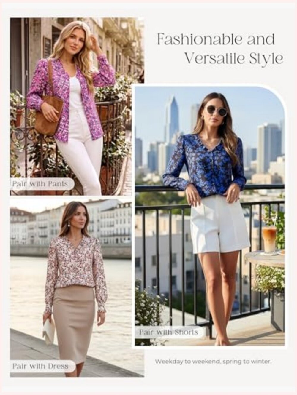 Boho Floral Button Down Long Sleeve Blouse Dressy Casual V Neck Work Top - Picture 2 of 7